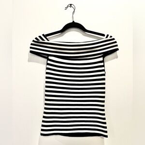 Danier Black White  Striped y2k Off the Shoulder Stretch Short Sleeve Blouse Top